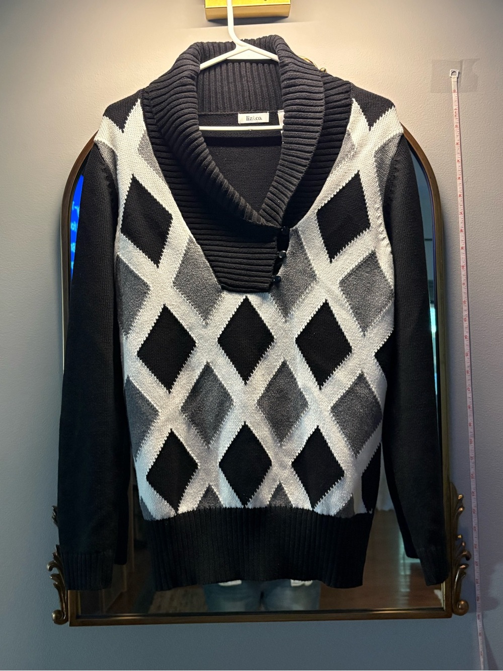 liz & co. Black, White and Gray Argyle Shawl-Collar Sweater